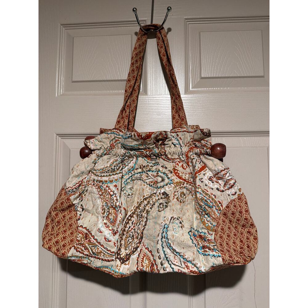 Women's Bohemian Style Paisley Hobo Bag with Wood Accents